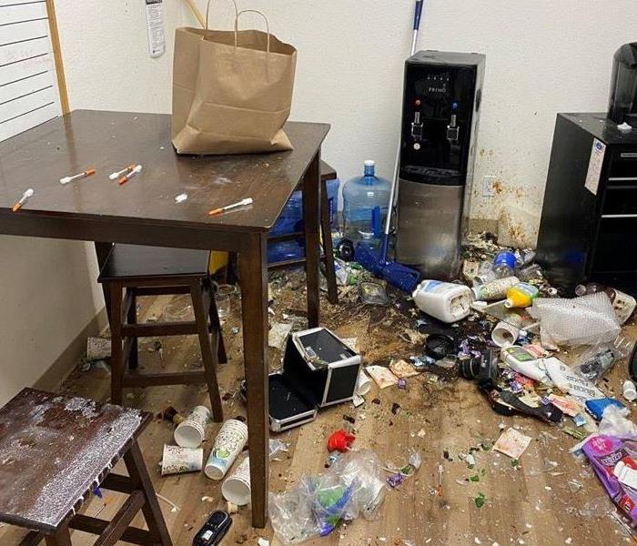 A break room in an investment office in Flagstaff, Arizona that had been vandalized during a break in 